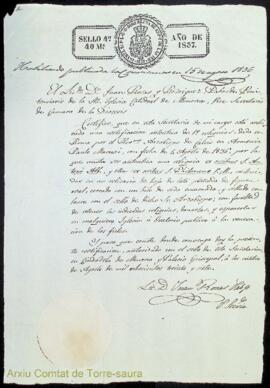 Certificat signat per Juan Rosas i Rodríguez, prevere penitenciari de la Catedral de Menorca i vi...