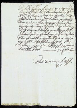 Rebut de lliurament de dotze quarteres de blat per a l'any 1727 a Pere Ximenes per part d'Antoni ...