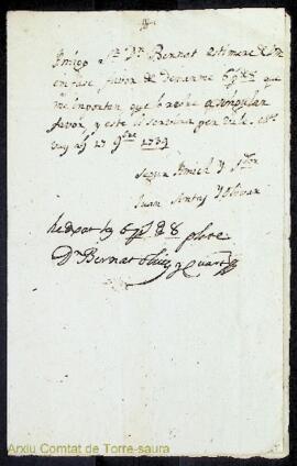 Nota de súplica de préstec dinerari emès per Juan Sintes i Olivar adreçada a Bernardo Ignacio Oli...