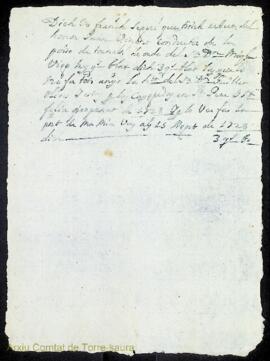 Rebut del lliurament de tres quarteres de blat per a l'any 1728 a Francesc Seguí per part de Joan...