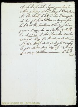 Rebut del lliurament de tres quarteres de blat per a l'any 1723 a Francesc Seguí per part de Jose...
