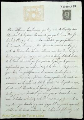 Reial carta de successió del títol de comte de Torre-saura a favor de Gabriel Olives i Saura, des...