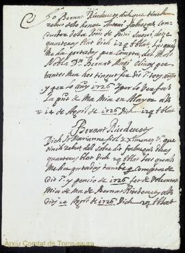 Rebut de lliurament de dotze quarteres de blat per a l'any 1726 a Bernat Riudavets per part d'Ant...