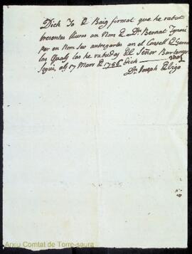 Rebut signat per Josep de Vigo d'haver percebut 300 lliures de Bernardo Ignacio Olives i Quart pe...
