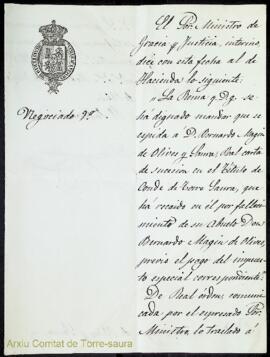 Carta emesa pel Ministeri de Gràcia i Justícia sobre l'ordre de la reina d'expedir la reial carta...