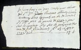 Rebut del lliurament de cinc quarteres de blat per la pensió de 1722 de Joana Pons per part de Be...