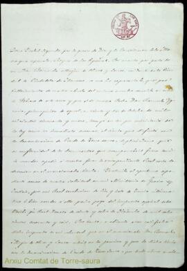 Reial carta de successió del títol de comte de Torre-saura a favor de Bernardo Magín Olives i Sau...