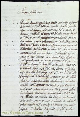Carta emesa per Llorenç Beltran adreçada a Bernardo Magin Olives i Martorell en relació a una cau...