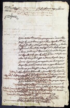 Actes d'una causa entre Bernardo José Olives i Olives, representat pel procurador Pere Capella, i...
