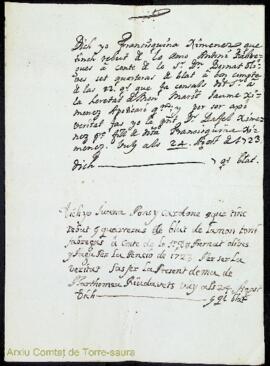 Rebuts del lliurament de diferents quantitats de blat per la pensió de 1723 de Francisquina Ximen...