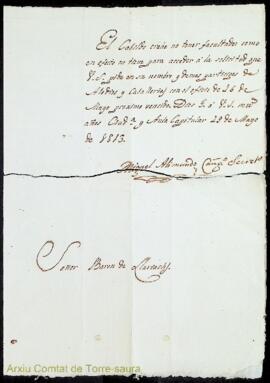 Carta emesa per Miquel Alimundo adreçada al baró de Lluriach com a director de la junta de propie...