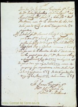 Rebut de lliurament d'una quantitat dinerària per part de Bernardo Ignacio Olives i Quart, signat...