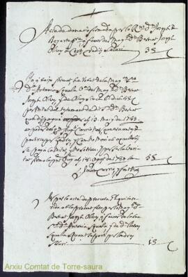 Acte de donació firmada per lo Rnt. Dn. Joseph de Bayarte pvre á favor del Magh. Dn. Bernat Josep...