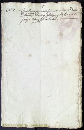Copia de una concordia firmada entre Doña Maria Anna Marti y Cardona y Dn. Bernat Joseph Olives y...