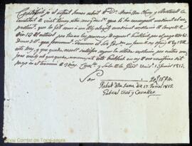 Certificat signat per Gabriel Vivó i Cavaller d'haver rebut de Mariana Olives i Martorell vint ll...