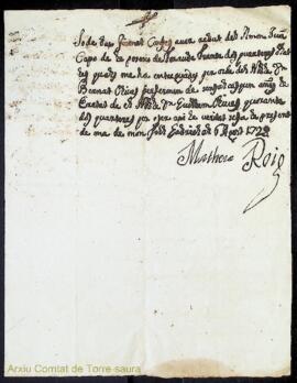 Rebut de lliurament de trenta quarteres de blat a Mateu Roig per part de Joan Capó, conductor de ...