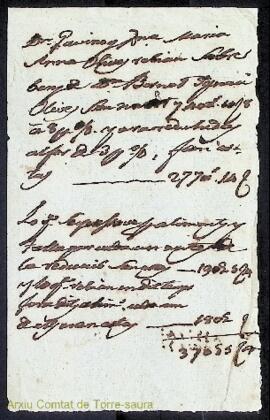 Nota de rebut d'una quantitat dinerària de Bernardo Ignacio Olives i Olives, primer comte de Torr...