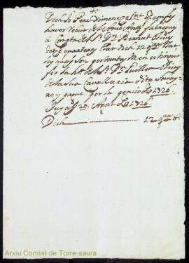 Rebut dle lliurament de dotze quarteres de blat per a l'any 1726 a Pere Ximenes per part d'Antoni...